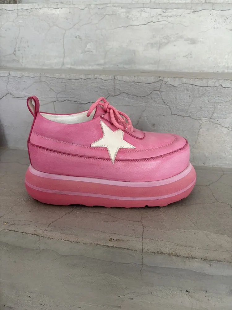 New Fashion Women Cowskin Genuine Leather Platform Pumps Pink Casual Shoes High Street Lace Up Ladies Height Increasing Sneakers