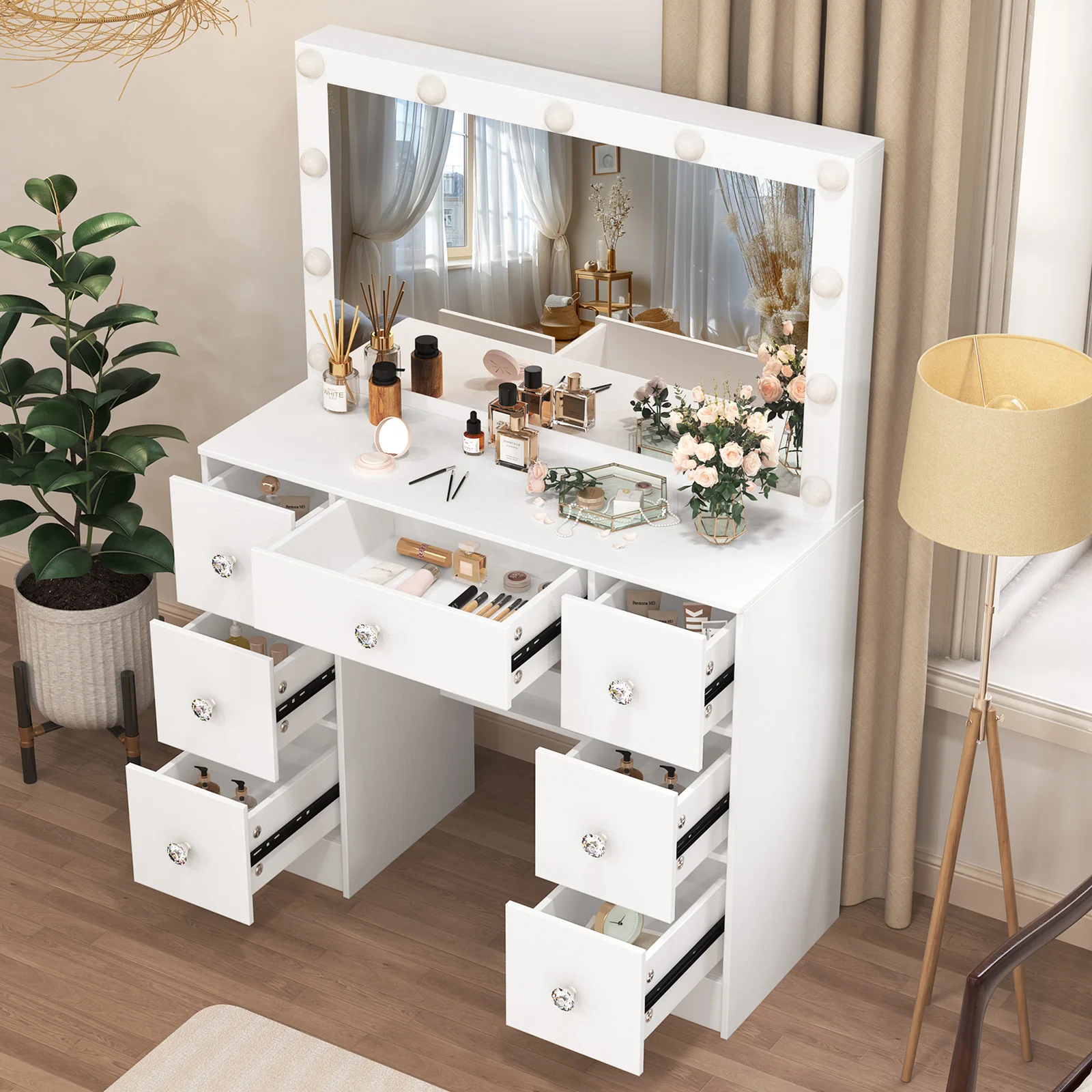 زينة خشبية مستوحاة من الطراز العتيق مع مرآة مضاءة - 3 أوضاع إضاءة وأدراج وأرفف واسعة