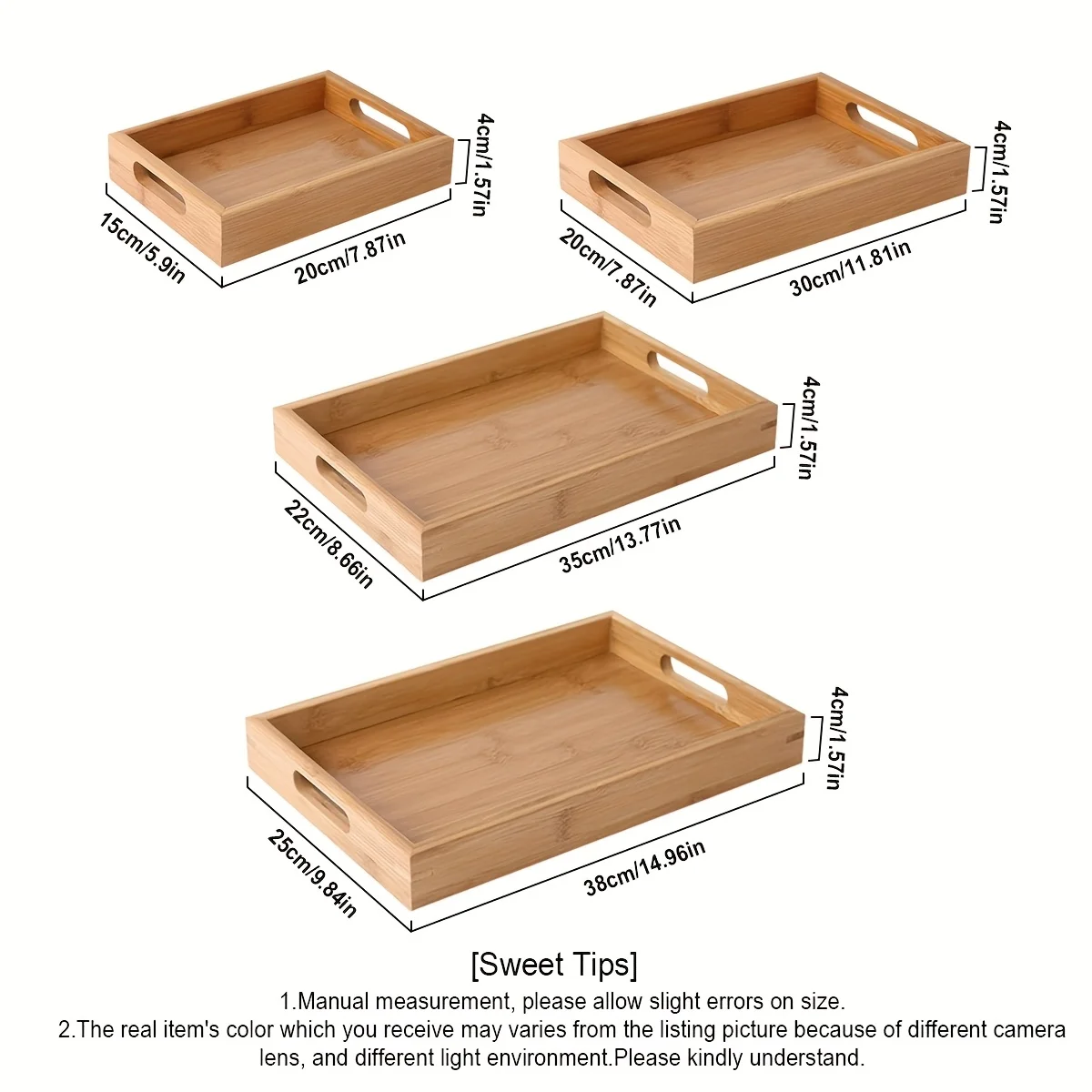 Bamboo Serving Tray with Handles, Tabletop Countertop Tea Coffee Breakfast Tray, Organizer Storage Container for Kitchen Bedroom