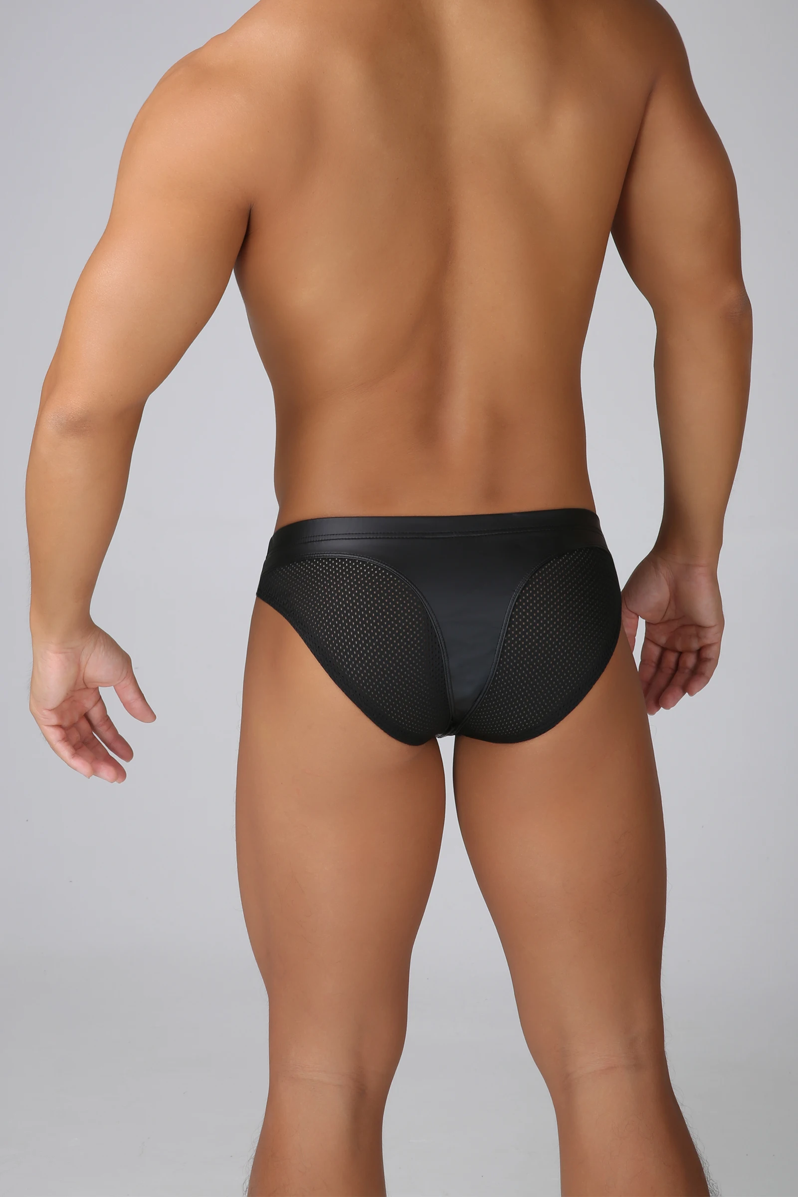 Herren-Bikini-Badehose aus Kunstleder, Patchwork-Mesh, tief sitzende Badehose, Strandshorts, Surf- und Schwimmshorts, Wet-Look – Detail 3