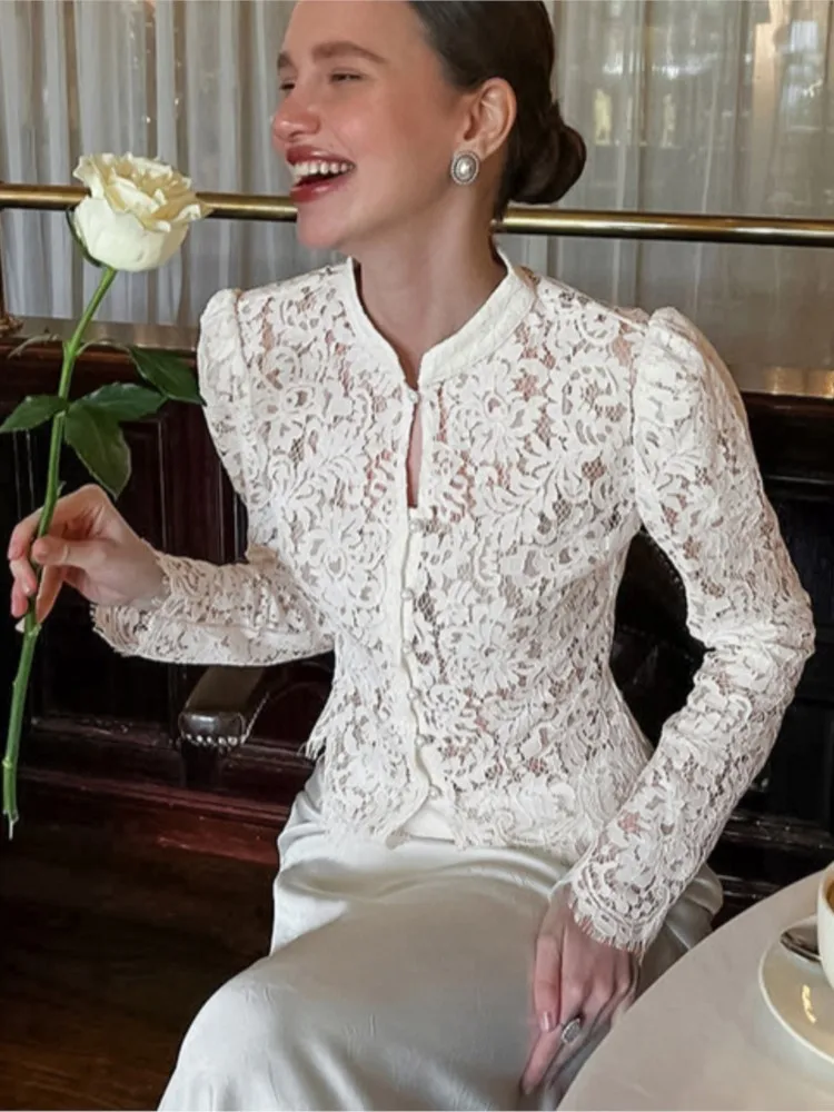 

Women's Clothing French Retro Temperament Top Slim See Through Lace Shirt Sexy Solid Color Comfortable Tops All-match Elegant