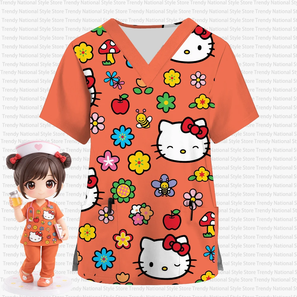 女性の 2026 新しいハローキティ漫画かわいいプリント V ネックポケットつや消しトップ医療看護師作業服美容院 T シャツ