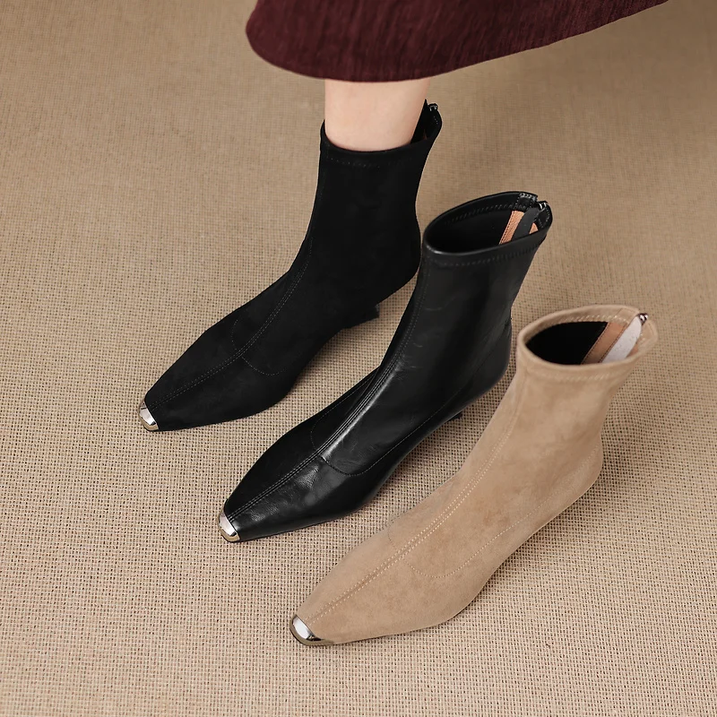 2026 autumn winter women ankle boots natural leather 22-25cm stretch microfiber/flannel+pigskin/plush side zip women short boots