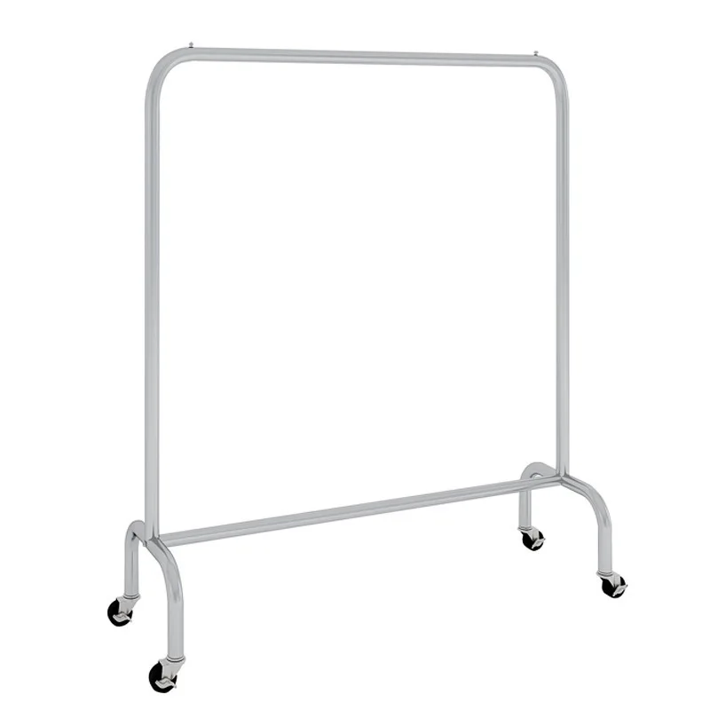 

Floor-to-ceiling stainless steel brushed silver display rack with wheels