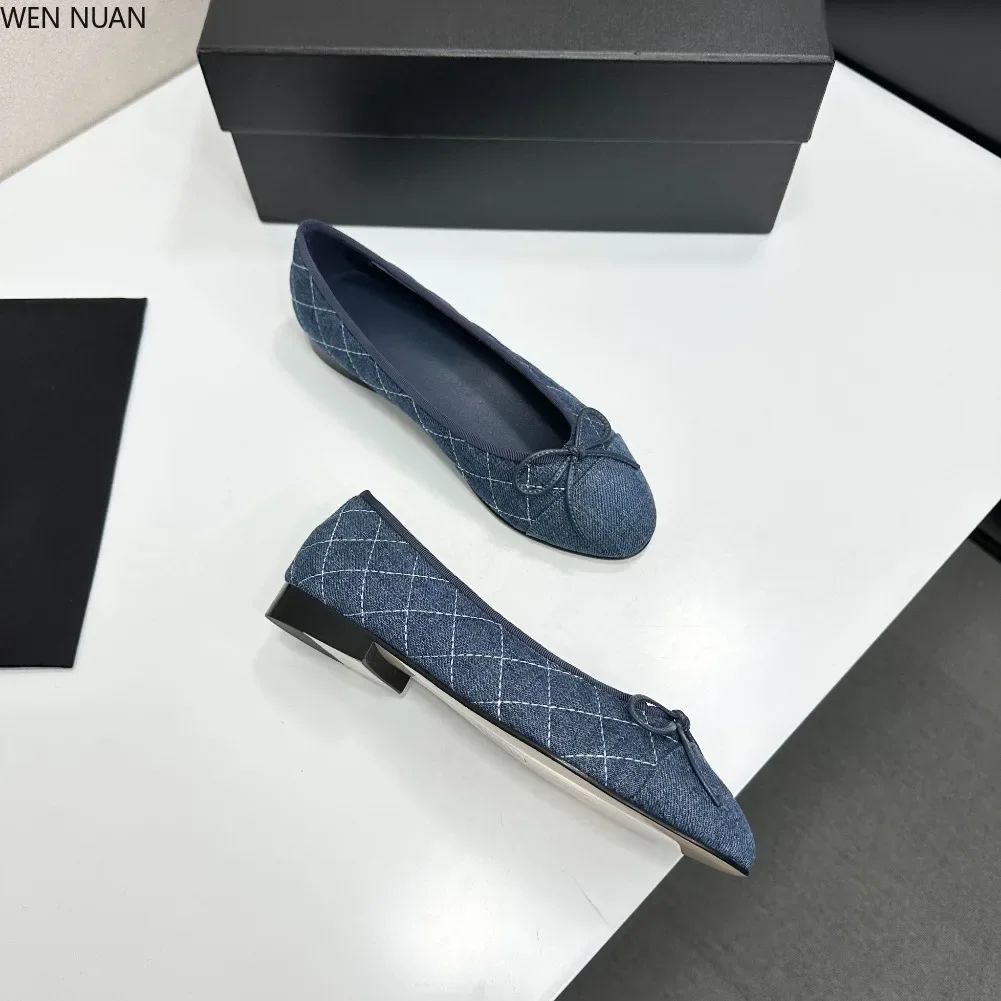 2026 New Design Denim Blazer Spring Autumn Ballet Flats Leather Round Toe Bow Comfortable True to Size Women Shoes ballet shoes