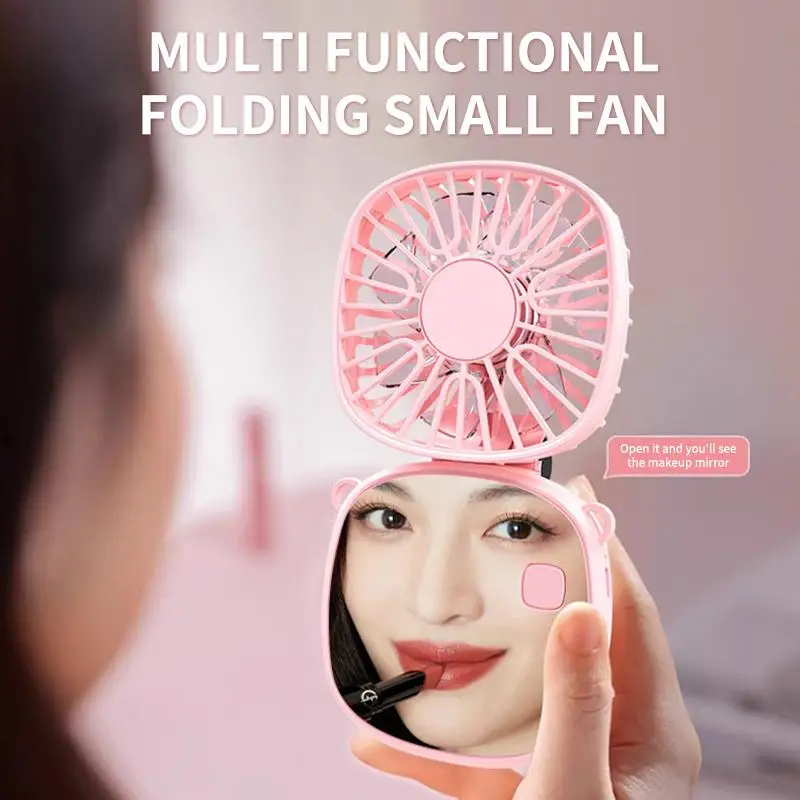 Foldable Small Electric Fan Multi-functional Mini Handheld Fan With Makeup Mirror USB Rechargeable Portable Hanging Neck Fan