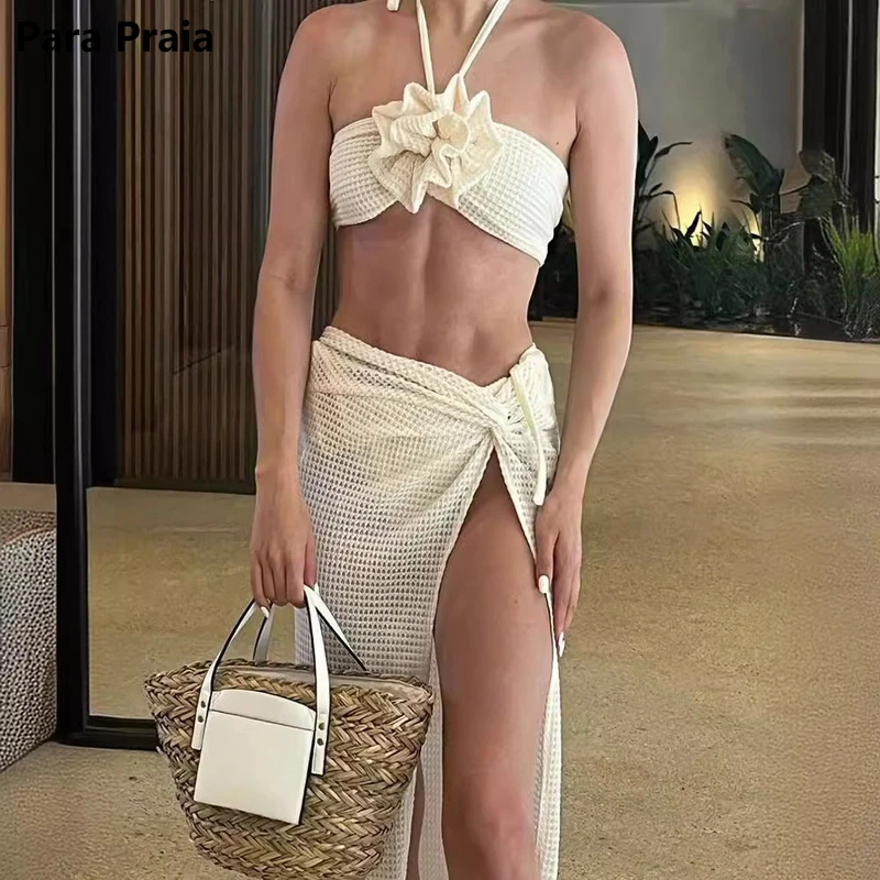 

2025 вязаный купальник из трех предметов, сексуальный комплект бикини с объемным цветком и облегающей юбкой, летнее платье, бикини, пляжная одежда