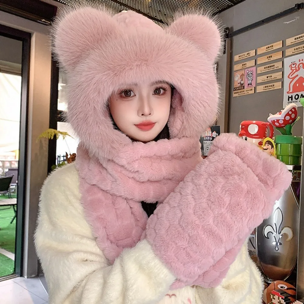 Cute Winter Bear Ear Hooded Scarf Warm Fleece 3-in-1 Cap Scarf Gloves Set Casual Windproof Integrated Cap Scarf for Women