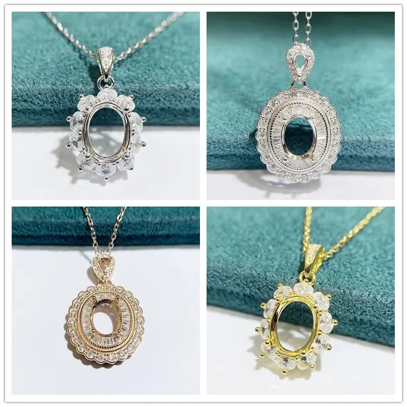 MeiBaPJ 7mm*9mm Elliptic Stone DIY 925 Silver Flower Zircon Pendant Necklace Empty Setting Fine Wedding  Jewelry for Women