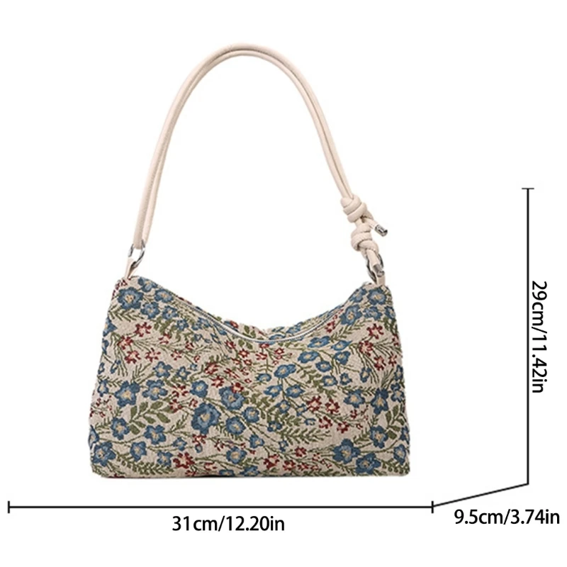 E74B Women Bag Canvas Crossbody Bag Retro Print Shoulder Bag Students Book Bag Handbag Large Capacity Armpit Bag for Travel