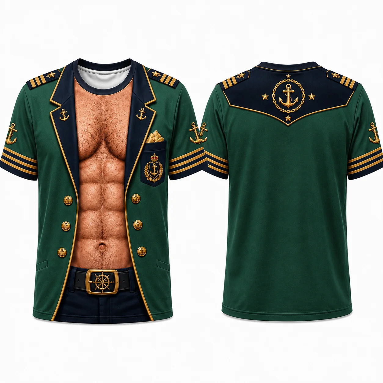 Men’s Funny Captain Shirt, Fake Muscle Chest 3D Print T-Shirt, Nautical Sailor Costume Tee, Birthday Novelty Gift for Men