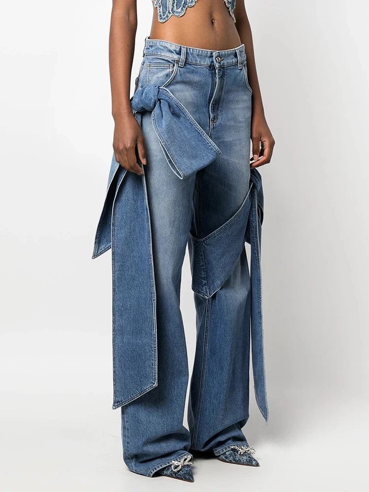 2024 Autumn New Women's Jeans Y2k Three-dimensional Bow Decoration Wide Leg Jeans Vintage Washed Loose Straight Pants