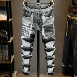 New Arrival High Quality KPOP Splicing Men's Designer Work Pants Jeans Grey Patchwork Korean Fashion Men Luxury Casual Pants