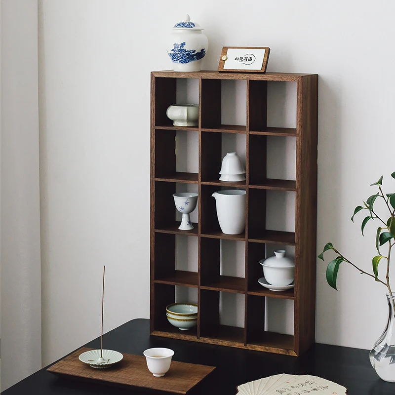 

Solid wood storage rack, black walnut wall-mounted Duobao Pavilion teacup ornament, new Chinese solid wood desktop bogu rack