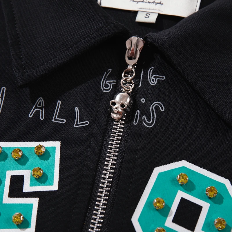 Y2K Streetwear Oversized Half-Zip Poloshirts für Männer, Bunter Glänzender Diamant-Graffiti-Druck, Locker Sitzend, Hip-Hop Casual T-Shirt – Detail 7
