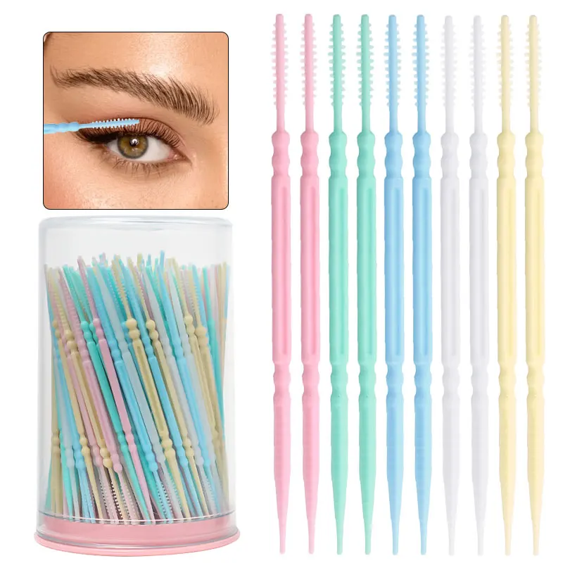 300Pcs Per Bottle Double Head Fishbone Micro Brushes Disposable Colorful Interdental Sticks Lash Brow Makeup Cleaning Applicator