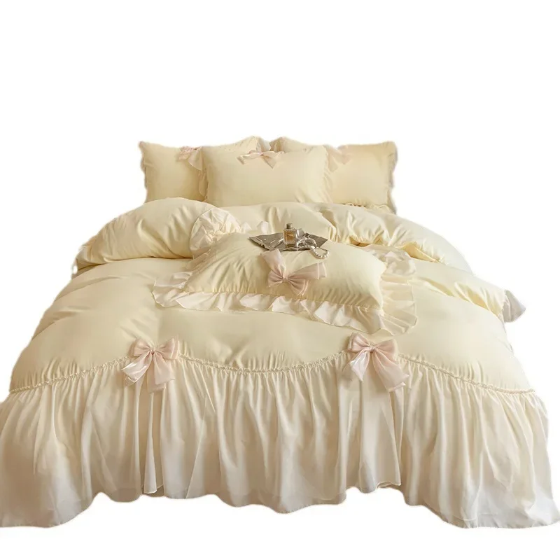 Girl princess wind polished lace four-piece set super soft pleated chiffon bow bed sheet kit bedding
