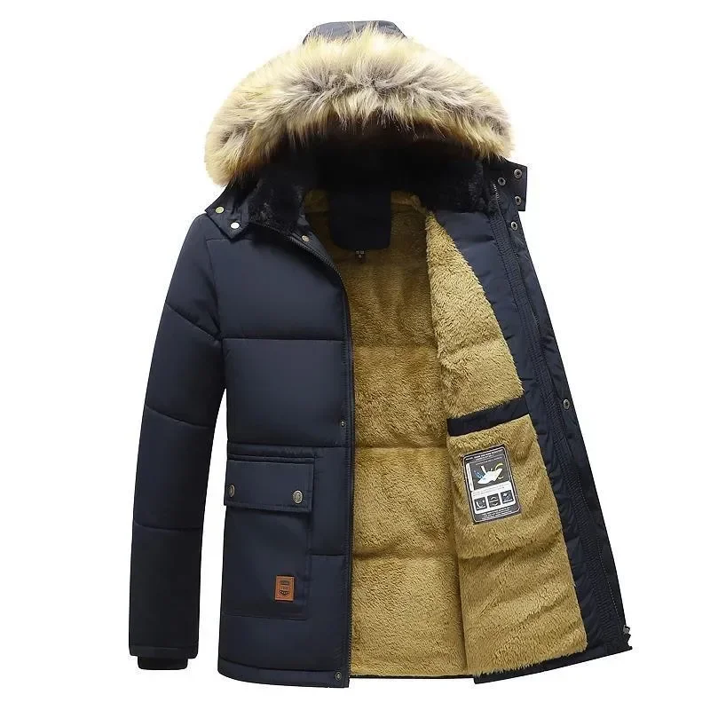 Parka con forro polar para hombre, abrigo grueso y cálido con cuello de piel y capucha, Chaqueta de felpa de talla 5XL, prendas de vestir para el trabajo, color negro, invierno, 2024