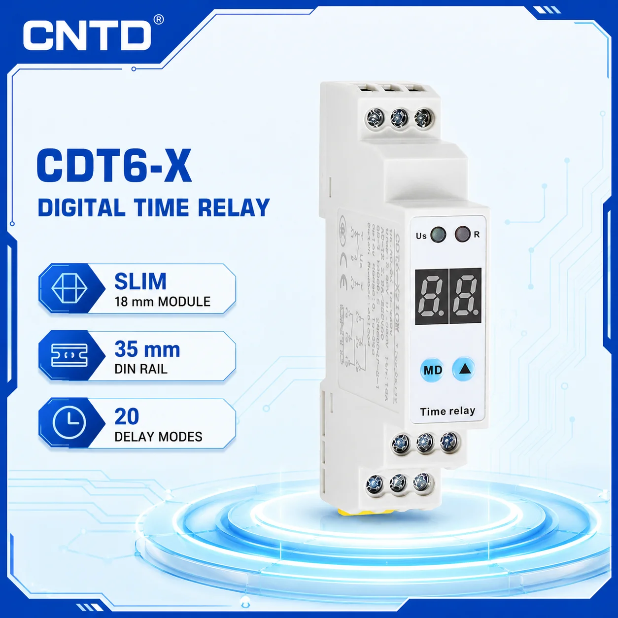 CNTD Time‑Delay Relay, DIN Rail Mount, AC/DC Power‑off Delay, Digital Display Adjustable Multifunctional CDT6‑X110W X116W X210W