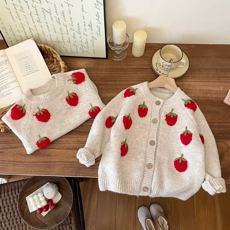 Autumn Winter Baby Girls Knit Sweater Single Breasted Cardigan Pullover Long Sleeve Cute Strawberry Knitwear Kids Clothes 2-7Y