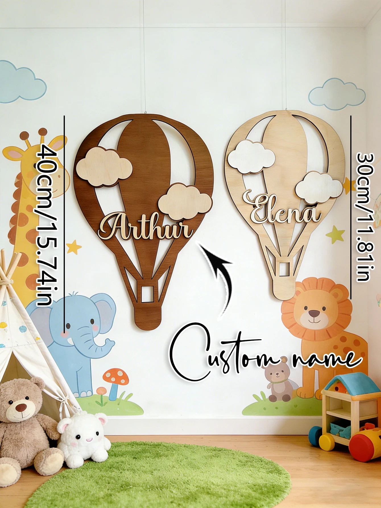 Custom Hot Air Balloon Cloud Wooden Name Sign Personalized 3D Letter Plaque Neutral Nursery Wall Decor Baby Shower Newborn Bedro