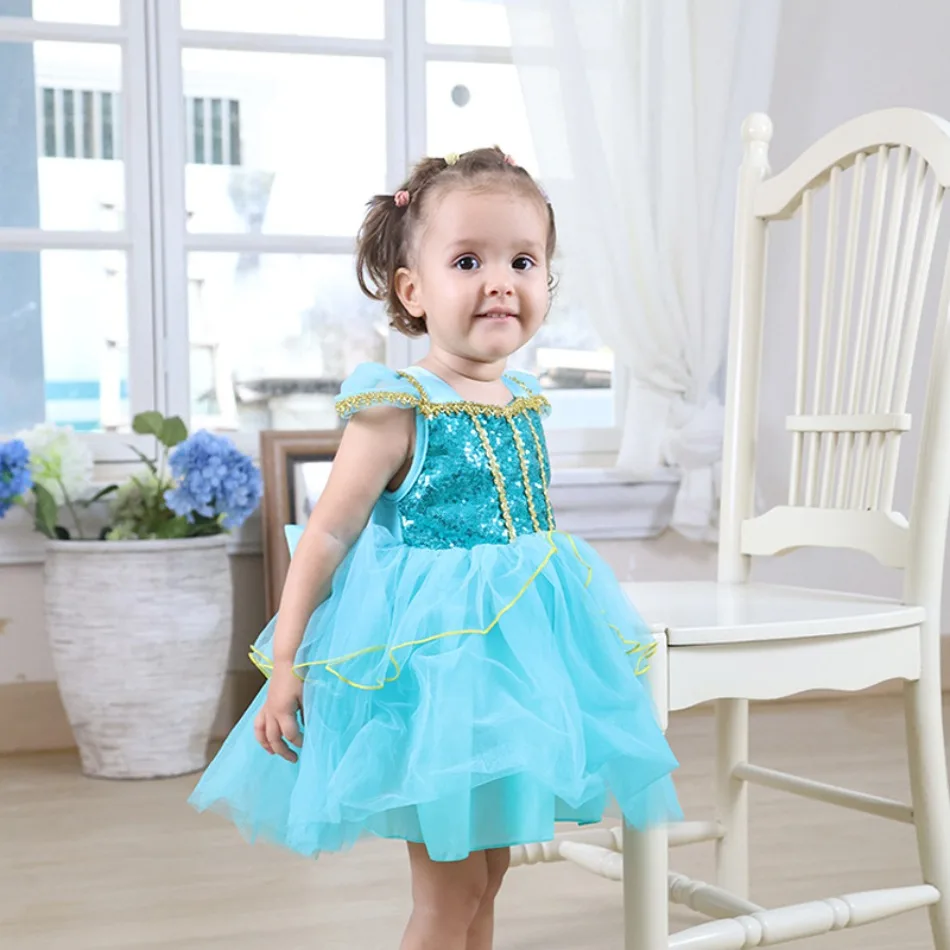 Toddler Aladdin Magic Lamp Girls Dress Baby Girl Halloween Cosplay Jasmine Princess Dresses for Kids Bow Flower Costumes XMZ65