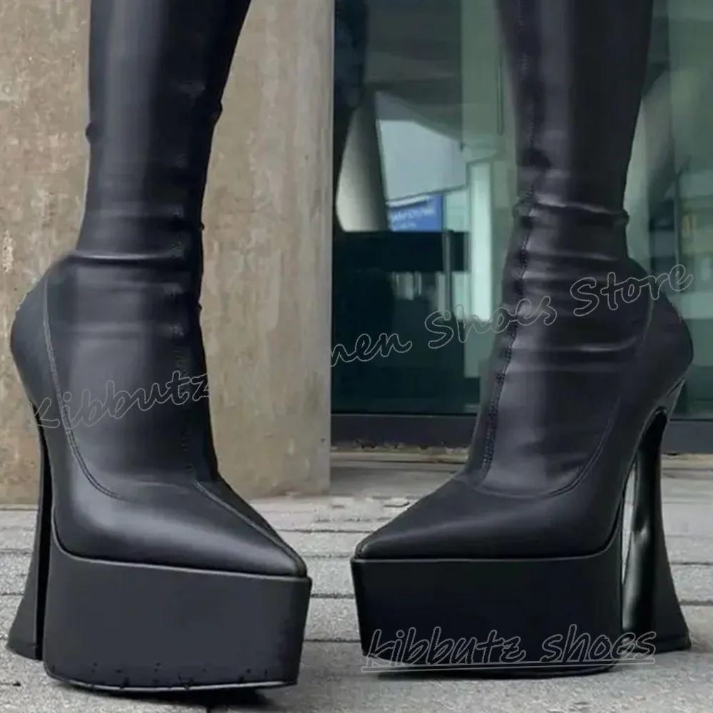 

Ankle Modern Boots Platform Leather Solid Color Fashion Luxury Elegant Concise Sexy Hot Girls Shoes Newest Pointy Strange Heels