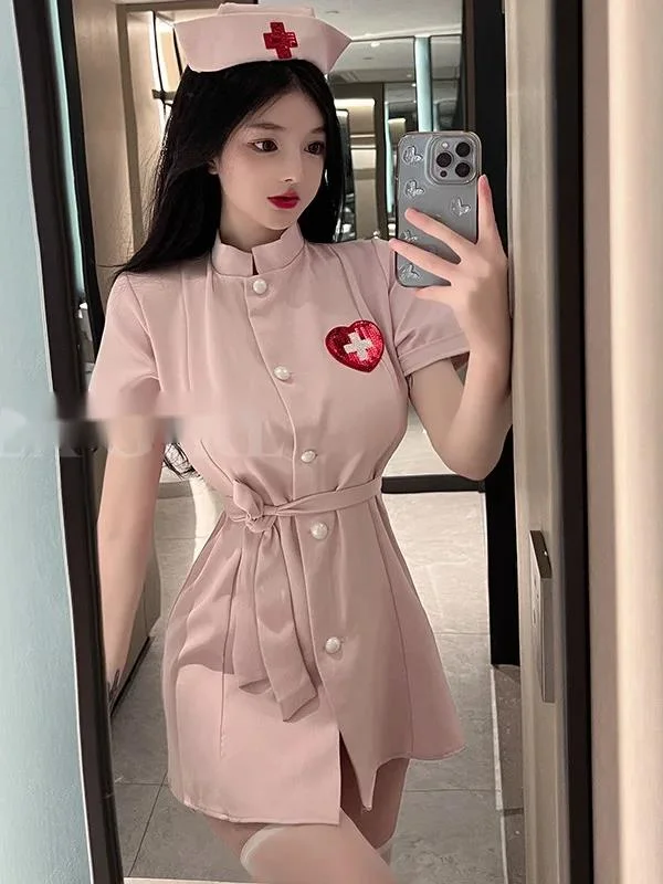 Sexy Nurse Performance Costumes Tie Up Female Off White Belt Loose Dress Role-playing JK Uniform Soft Girl Trendy Clothes  2V9U