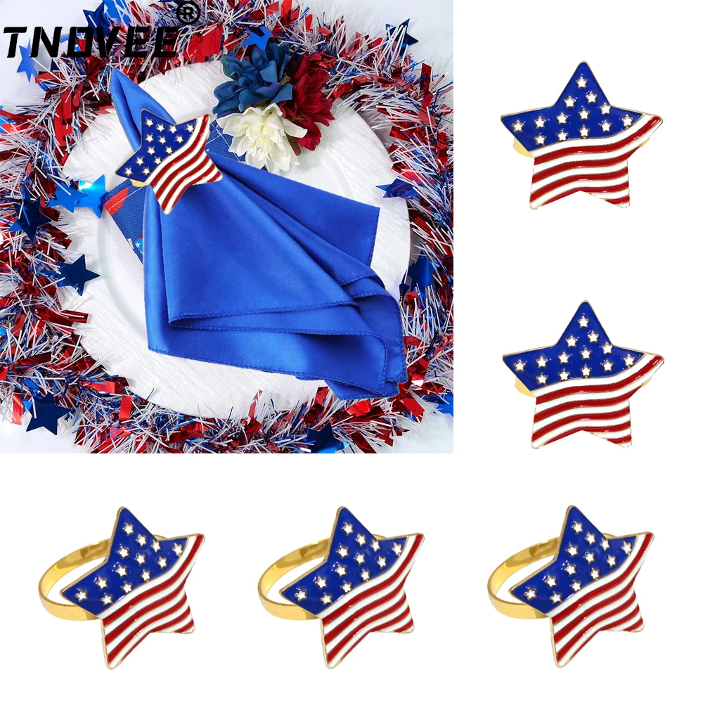 6Pcs Patriotic Napkin Rings 4th of July USA Flag Design Napkin Ring Holder Star Serviette Buckle Holder for Independence Day Dec