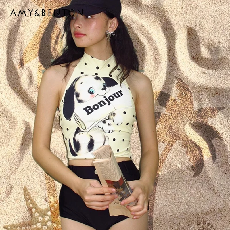 

2025 Summer New Polka Dot Animal Print Sleeveless Tees Japanese Original Cute Sweet Halter Yellow Thin Short Swimsuit Ladies