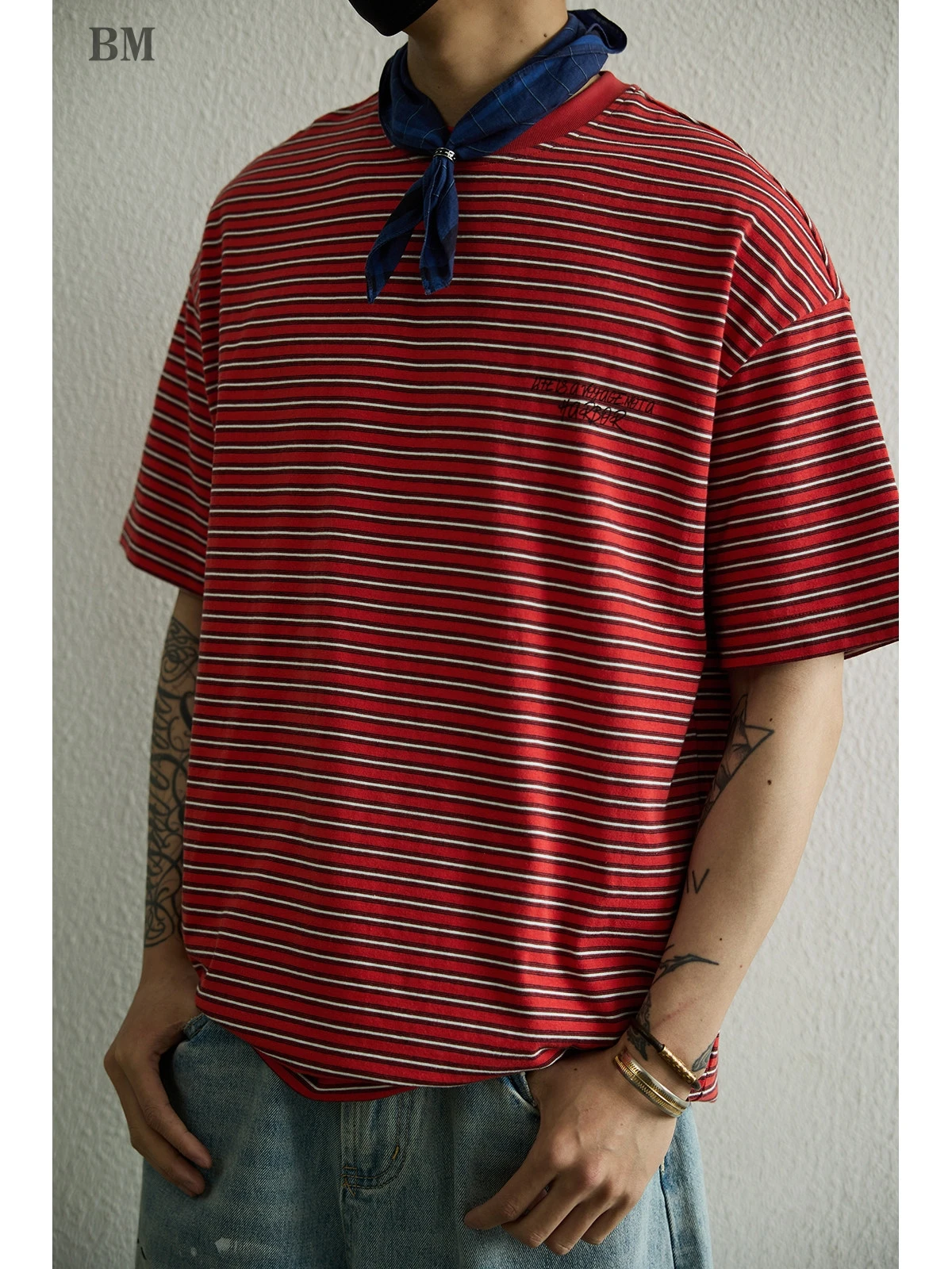 Mens Summer Heavyweight Cotton Color Block Striped T Shirt Short Sleeve Streetwear Casual Versatile Trendy High Quality Tops