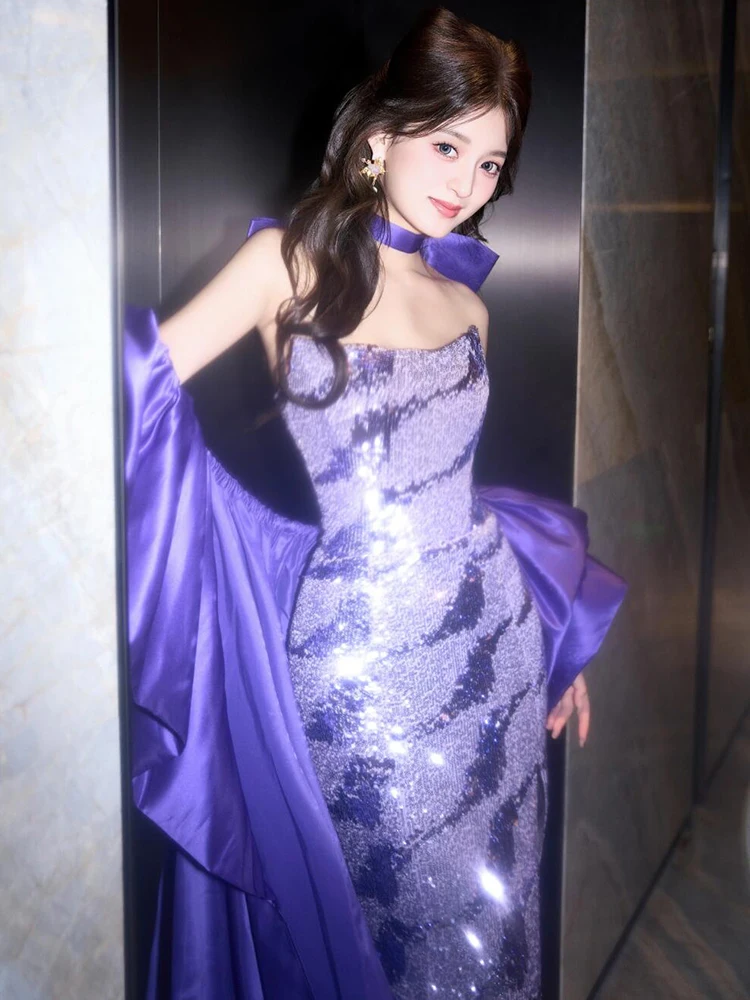 

Ele Fi Tail Evening Gown Wedding Dr Host Ceremony Performance Korean Sle Sequin Embellied mid Waist Long Skirt