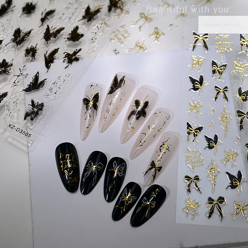 

Hot Stamping Bowknot 3D Self Adhesive Nail Art Decorations Stickers Ribbon Butterfly Cute Manicure Decals Nail Supplies