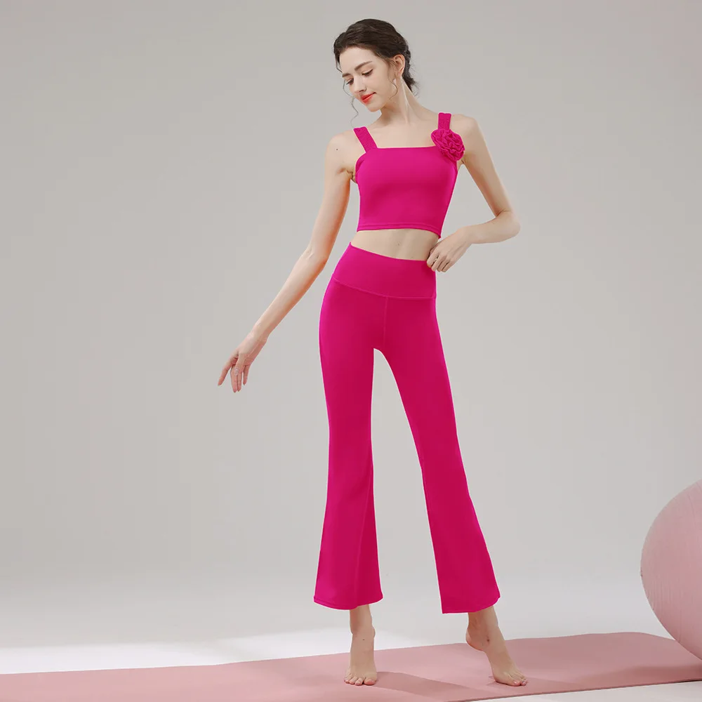 

Flower Bell Bottom Pants Set, Women's Pleated Camisole Vest, Professional Pilates Running and Fitness Suit Set