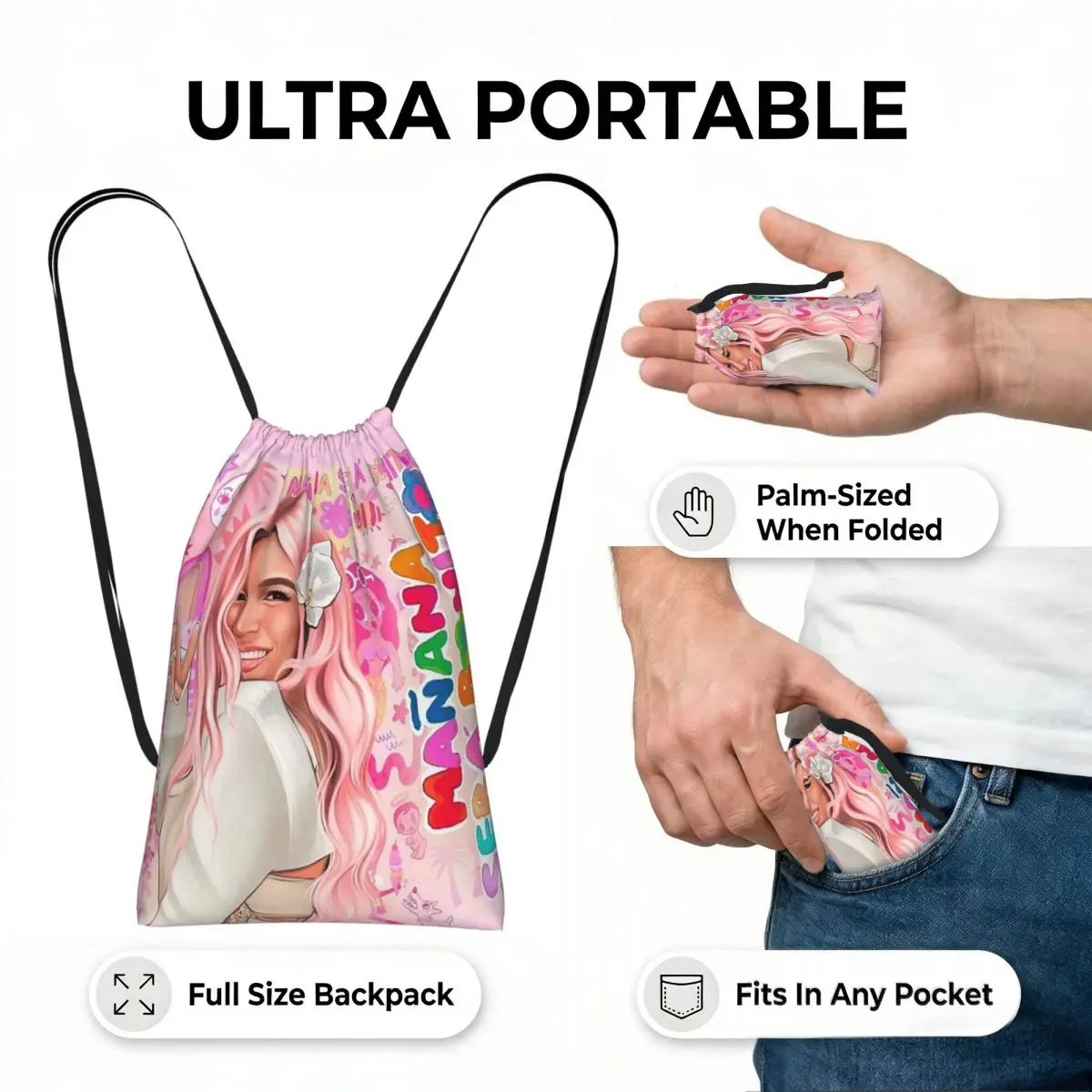 Karol G Happy Valentines Day Drawstring Backpack hiking cycling Bag Portable Travel Drawstring Bag for Men Women