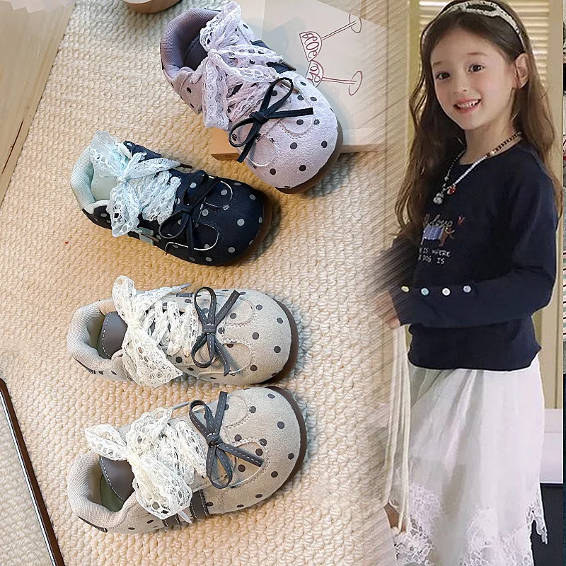 Autumn New Retro Polka Dot Trainer Sneakers for Girls Lace Bow Decor Soft Non-slip Sole Kids Casual Running Shoes
