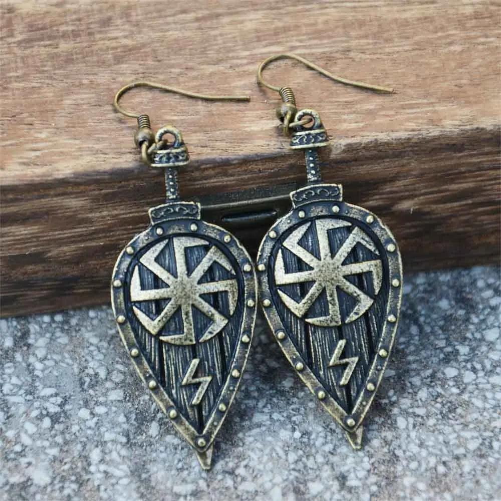 1 Pair Slavic Kolovrat Shield Sword Viking Rune Jewelry Sowulo Symbols Vintage Punk Earrings Women Men Amulet Gifts