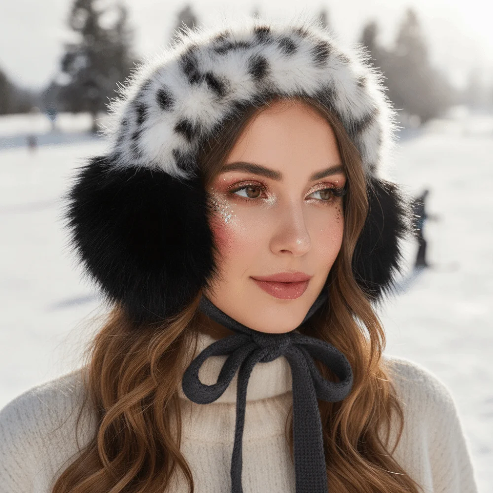 Foldable Design Leopard Earmuffs Adjustable Straps Windproof Protection Ear Muffs Faux Rabbit Fur Lining Tie On Ear Cover