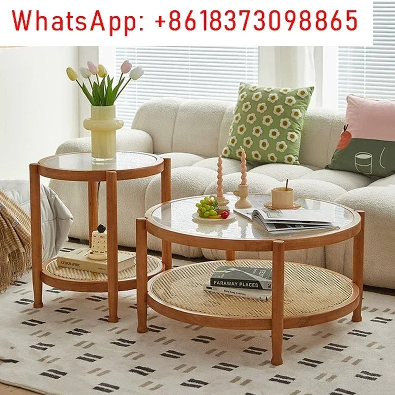 

Solid Wood Rattan Woven Coffee Table Living Room Sofa Side Table Japanese Round Glass Table Mobile Storage Ddesk Home Furniture