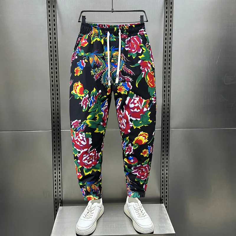 

Новые хлопковые брюки с большим цветком, мужские модные и индивидуальные брюки с эластичными манжетами, модные хлопковые брюки в китайском стиле.