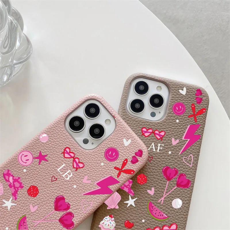Fundas de cuero de grano de guijarro con nombre personalizado para iphone 11, 12, 14, 13, 15 Pro Max XS XR 14 16 Plus, fundas duras de PU de lujo