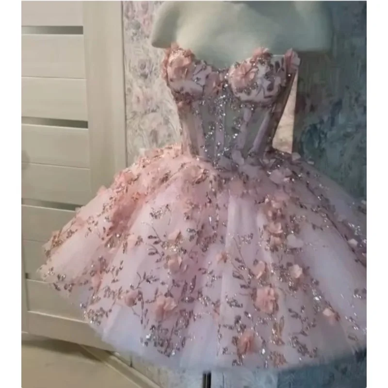 사용자 정의 빛나는 3D 꽃 드레스 볼 가운 짧은 Quinceanera 드레스 아가 파티 이브닝 ​​드레스 레이스 구슬 Tulle 코르셋