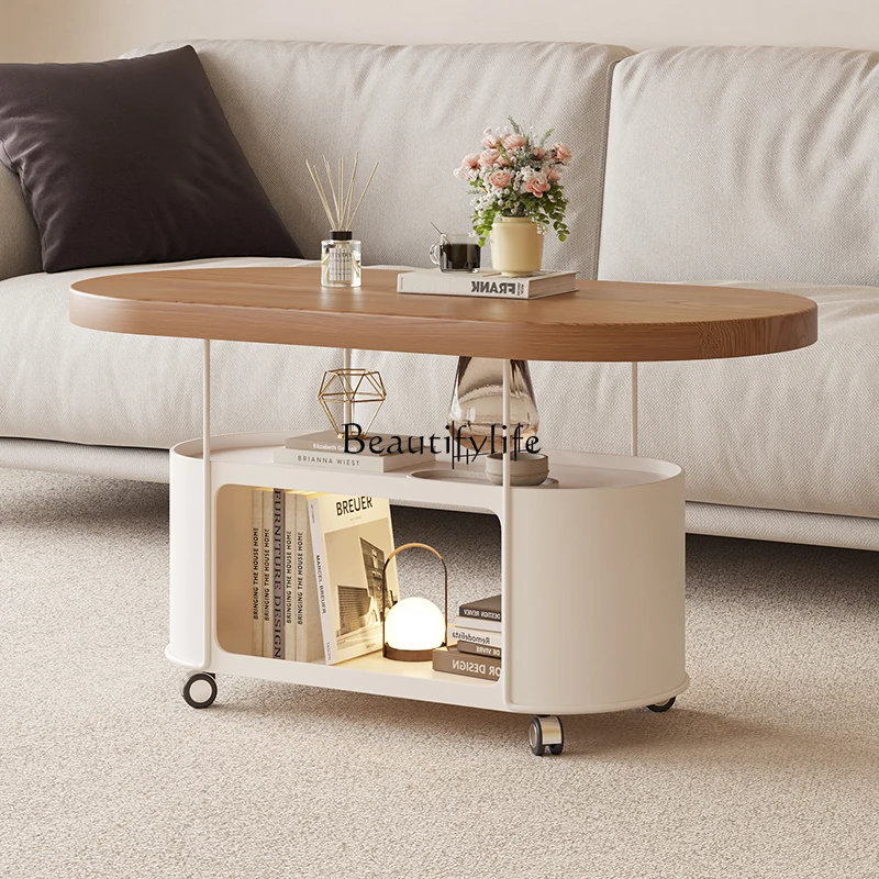 

*Solid wood sofa edge table removable light luxury high sense antique walnut color ribbon wheel coffee table