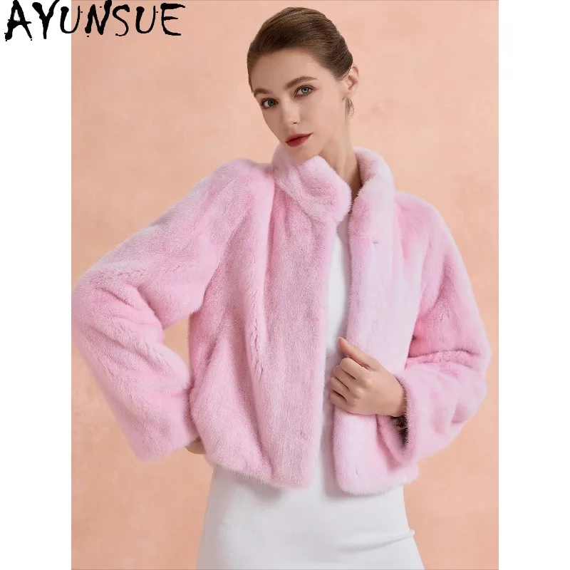 

Пальто AYUNSUE из натурального меха норки, женская зимняя куртка с воротником-стойкой, теплая верхняя одежда, розовые топы с длинными рукавами для женщин, одежда, пальто