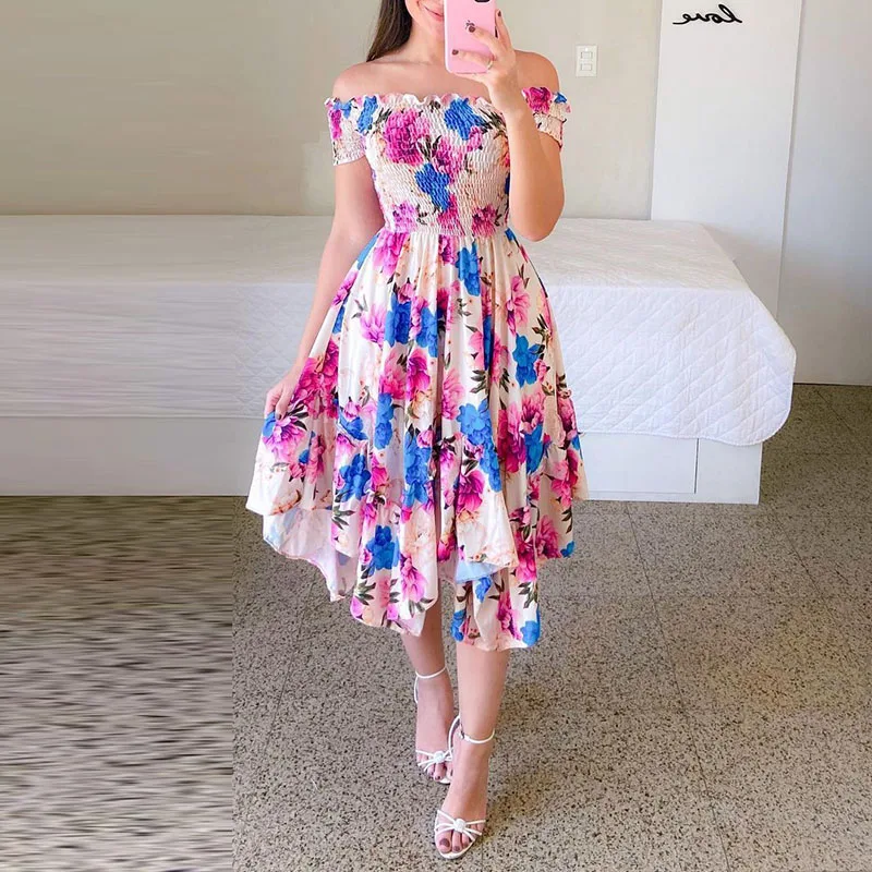 

New Off-shoulder Irregular Dress Summer Printed Casual Short Sleeves Fashion Beach Style Dresses Party Commute Dresses For Women
