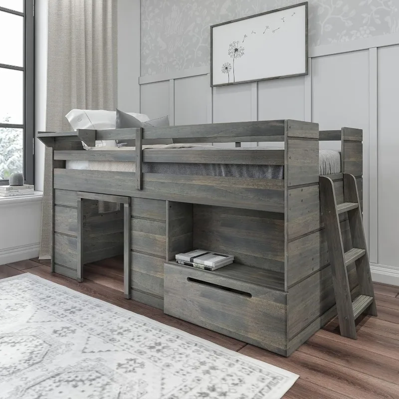 

Loft Bed Twin Size, Solid Wood Low Loft Bed with Storage Drawer and Ladder, Modern Farmhouse Loft Bed for Kids, Driftwood