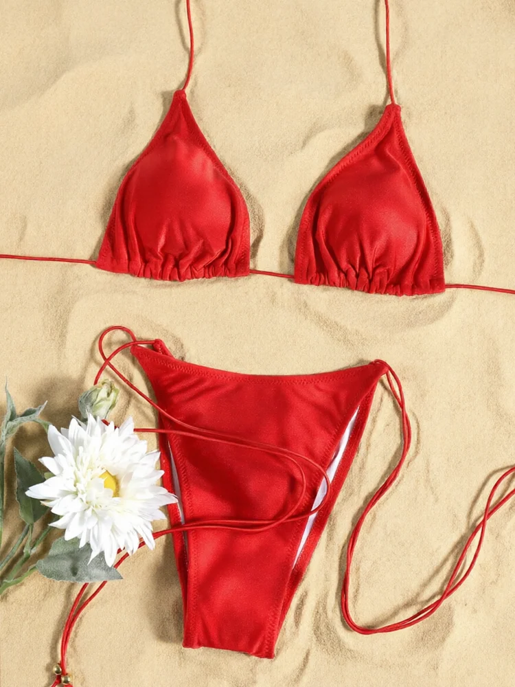 Red Bikinis Triangle Swimwear Halter Bikini Bandage Swimsuit High Cut Swimsuits Vacation Bathing Suits Fashion Beachwear