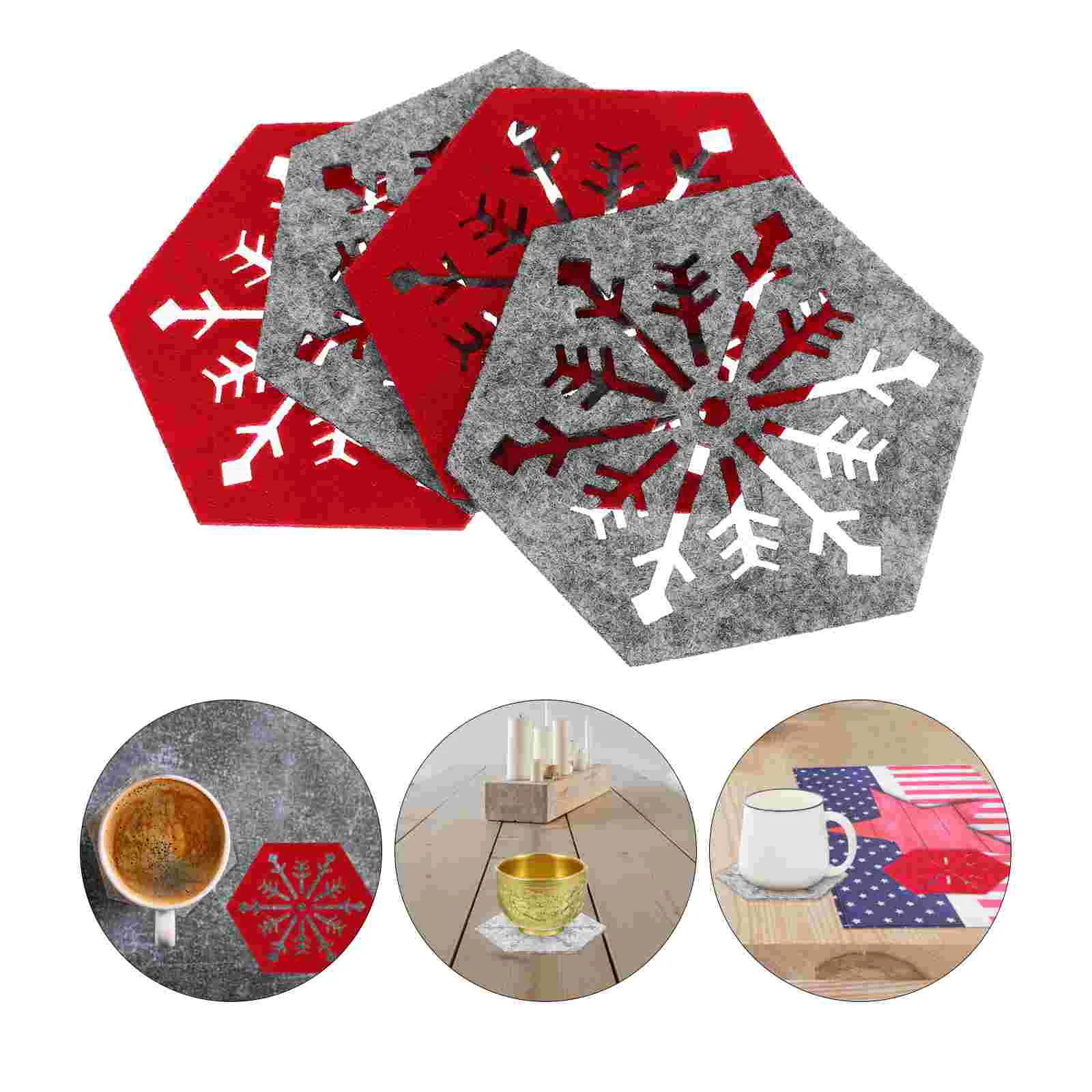 Manteles Individuales de mesa navideños, posavasos hexagonales con copos de nieve, decoraciones para fiesta, cena, vacaciones, 4 Uds.