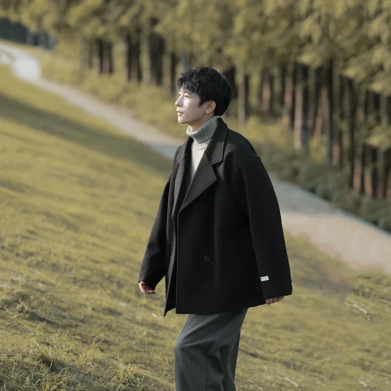 YASUGUOJI New Winter Thicken Warm Woolen Coat Men Casual  Double Breasted Coat Men Korean Fashion Loose Oversized Mens Overcoat