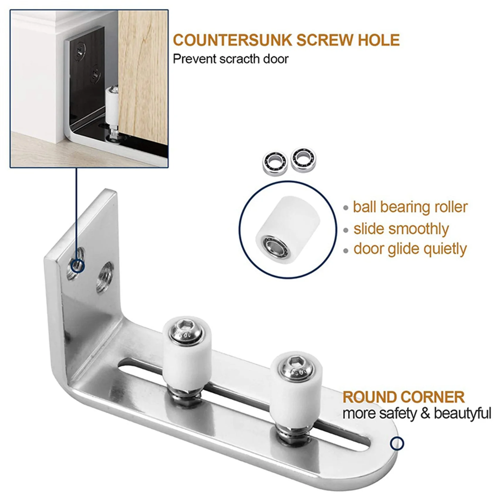 BAAU 2X Modern Chrome Sliding Barn Door Floor Guide Ball Bearings Adjustable Stay Roller Wall Mount System For All Size Door